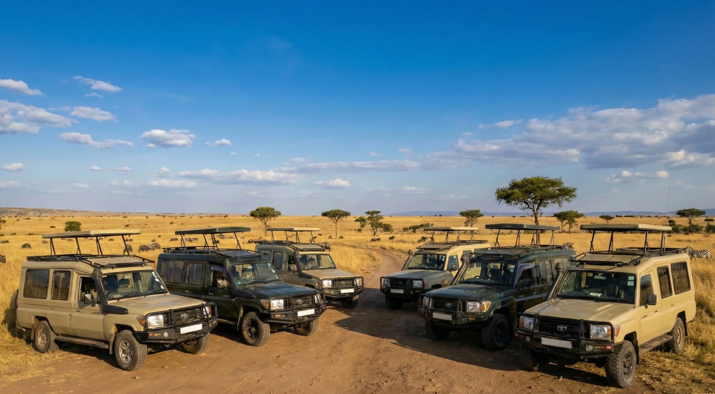 Open-roof Land Cruiser ready for guest pickup.